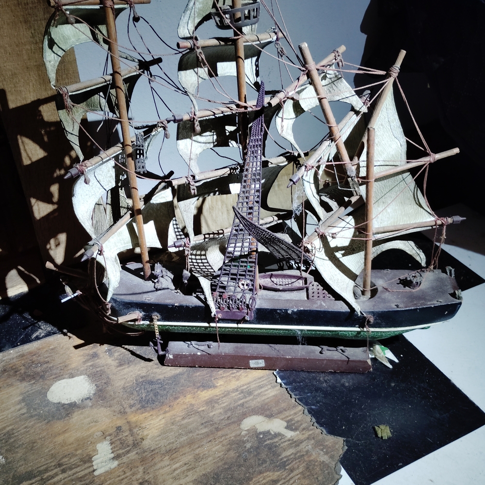 Vintage Wooden Model Sailing Ship - Green & Brown Hull